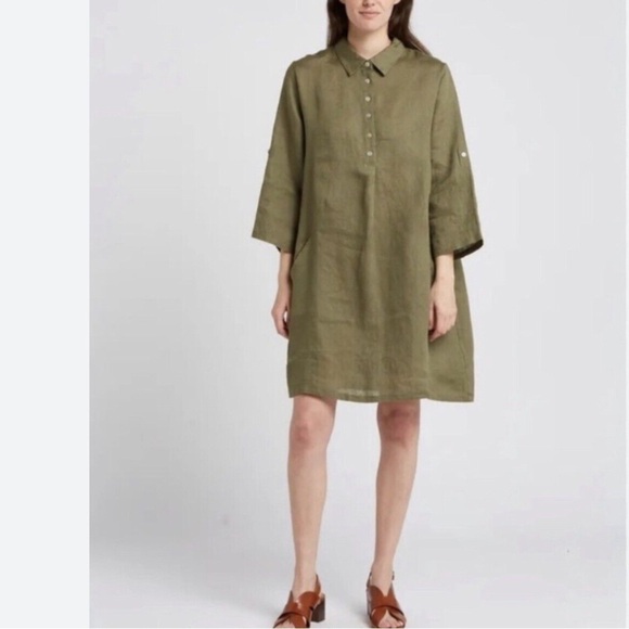 Linen Made in Italy Green Roll tab Sleeve Lagenlook Tunic Dress  Elena B… - Picture 1 of 9